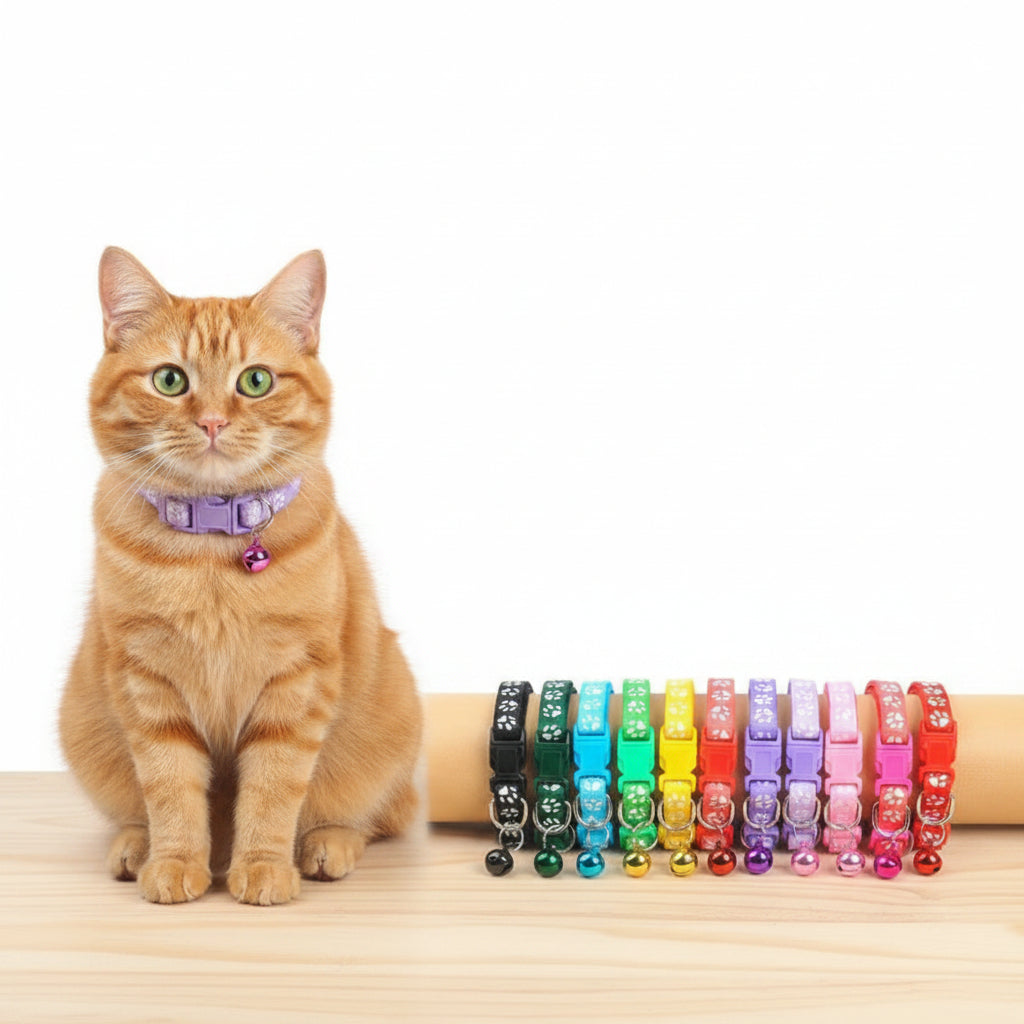 Adjustable Cat Collar with Bell and Cartoon Paw Print Design