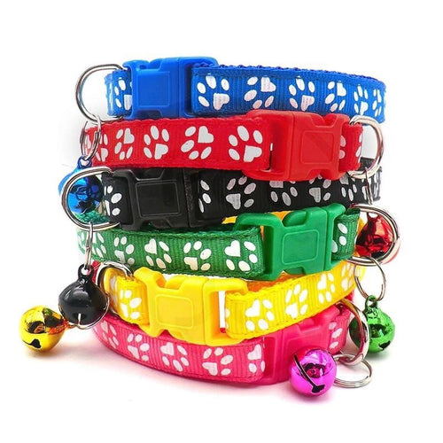 Adjustable Cat Collar with Bell and Cartoon Paw Print Design